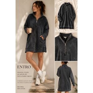 Entro Washed Black Oversized Quarter Zip Sweatshirt Dress Cozy Boho S